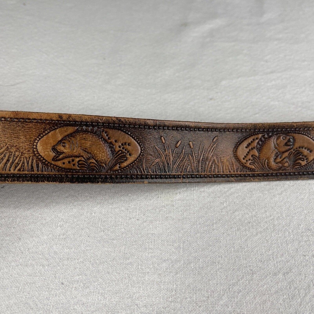 Engraved Leather Belt 44” Fishing Brown Fish Lakes Walleyes Northern ￼bass Pole
